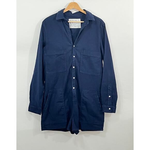 FRANK & EILEEN M Medium Navy Performance Linen Ireland Long Slv Playsuit Romper - Picture 9 of 9